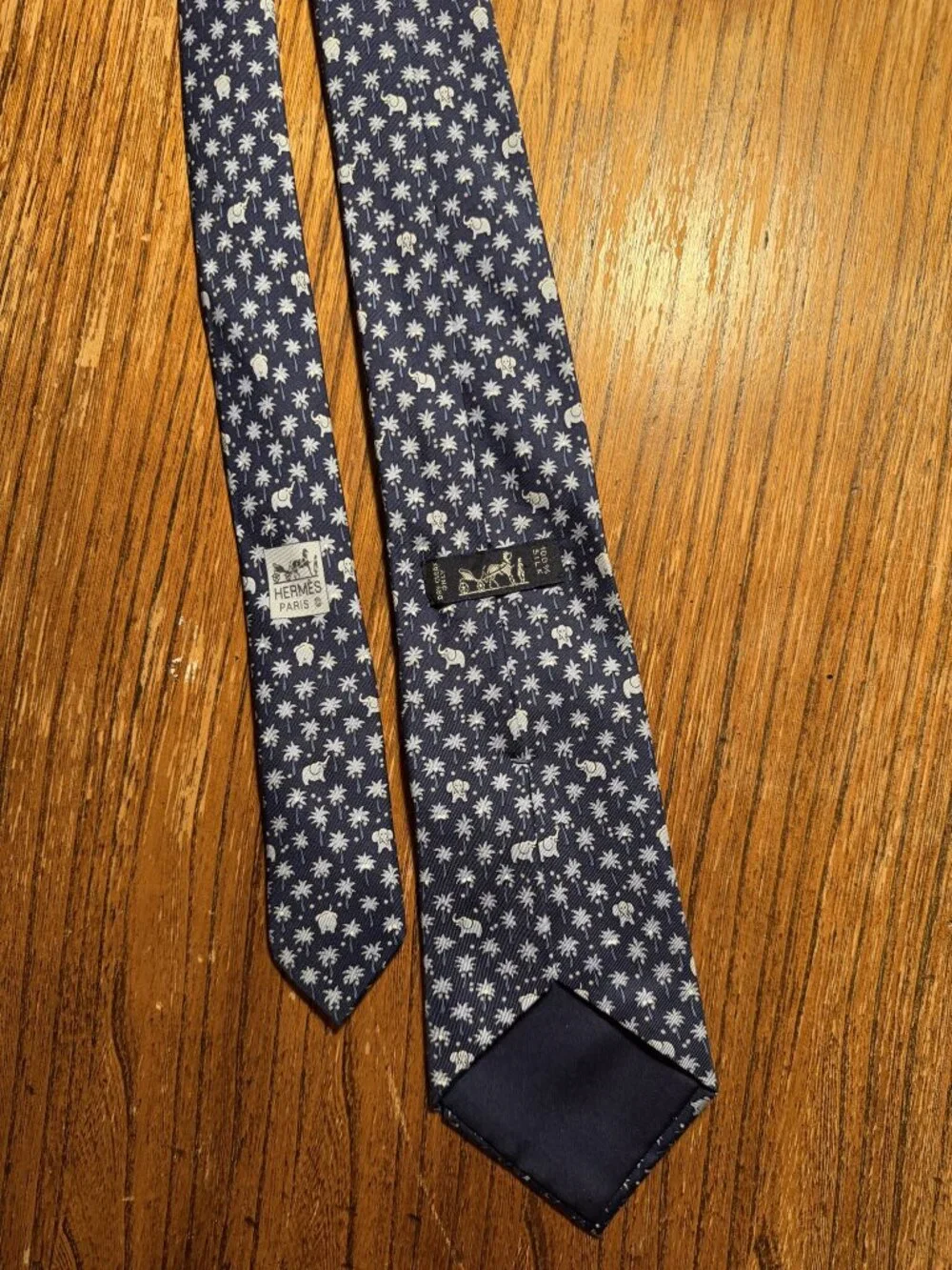 Hermes Paris Navy White Elephant and Palm Print Silk Tie